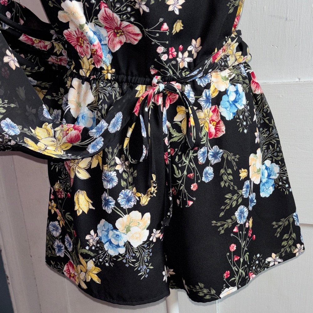 BeBop Black Floral Off Shoulder Ruffle High Low Jumpsuit Size Jr Medium - Picture 2 of 10